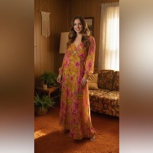 Vintage 60s 70s M Psychedelic Floral Print Boho Indie‎ Maxi Dress 14